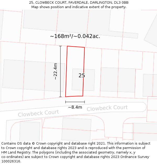 25, CLOWBECK COURT, FAVERDALE, DARLINGTON, DL3 0BB: Plot and title map
