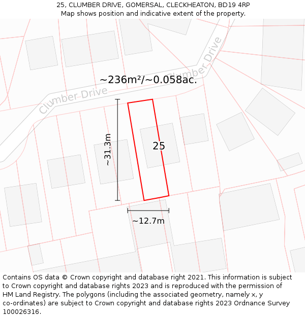 25, CLUMBER DRIVE, GOMERSAL, CLECKHEATON, BD19 4RP: Plot and title map
