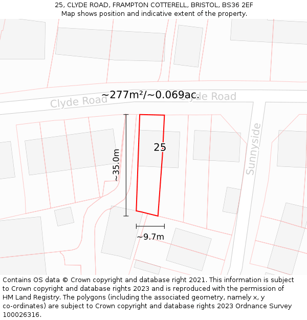 25, CLYDE ROAD, FRAMPTON COTTERELL, BRISTOL, BS36 2EF: Plot and title map
