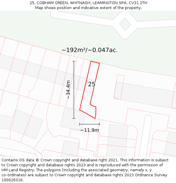 25, COBHAM GREEN, WHITNASH, LEAMINGTON SPA, CV31 2TH: Plot and title map