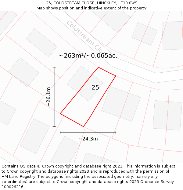 25, COLDSTREAM CLOSE, HINCKLEY, LE10 0WS: Plot and title map