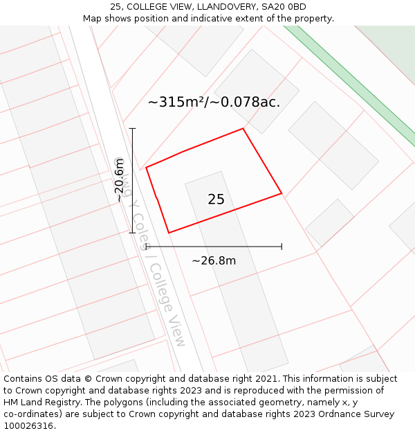 25, COLLEGE VIEW, LLANDOVERY, SA20 0BD: Plot and title map