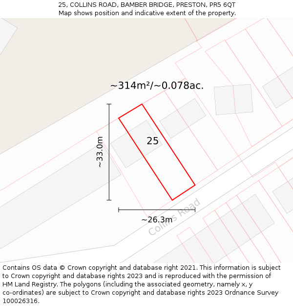 25, COLLINS ROAD, BAMBER BRIDGE, PRESTON, PR5 6QT: Plot and title map