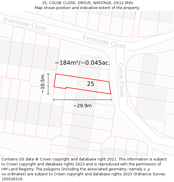 25, COLNE CLOSE, GROVE, WANTAGE, OX12 0NN: Plot and title map