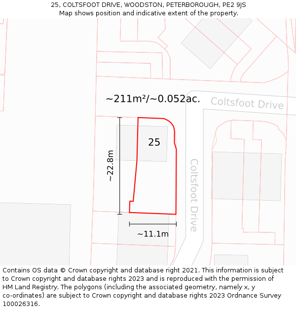 25, COLTSFOOT DRIVE, WOODSTON, PETERBOROUGH, PE2 9JS: Plot and title map