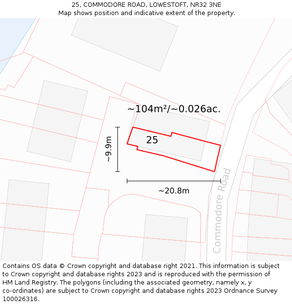 25, COMMODORE ROAD, LOWESTOFT, NR32 3NE: Plot and title map