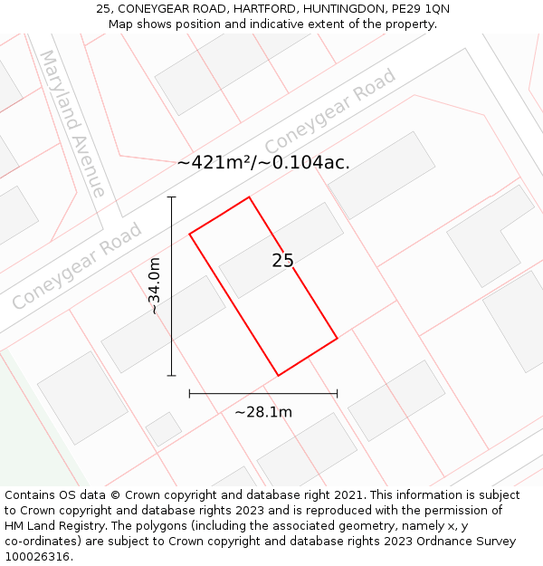 25, CONEYGEAR ROAD, HARTFORD, HUNTINGDON, PE29 1QN: Plot and title map