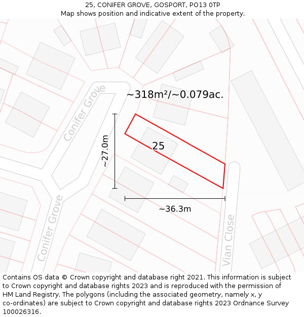 25, CONIFER GROVE, GOSPORT, PO13 0TP: Plot and title map