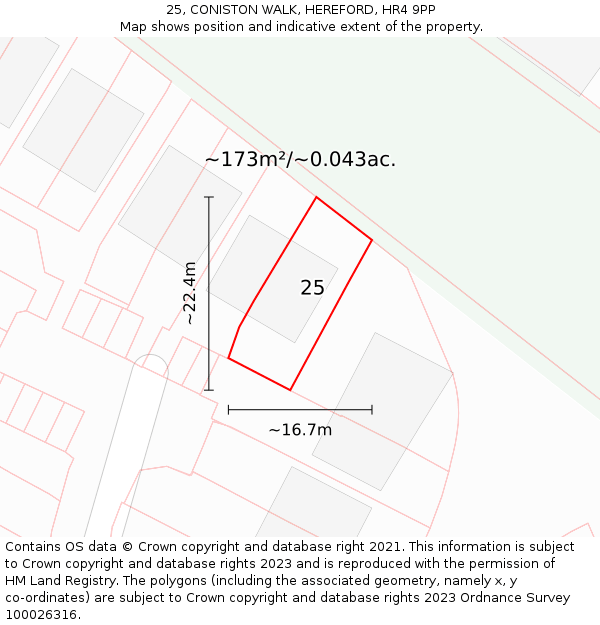 25, CONISTON WALK, HEREFORD, HR4 9PP: Plot and title map