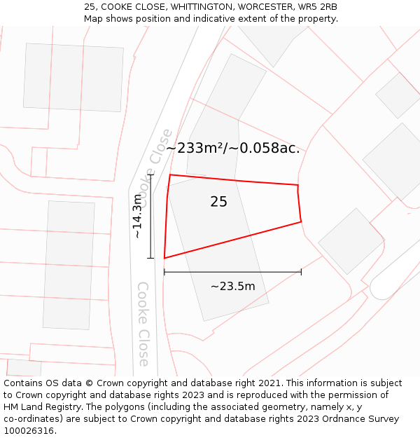 25, COOKE CLOSE, WHITTINGTON, WORCESTER, WR5 2RB: Plot and title map