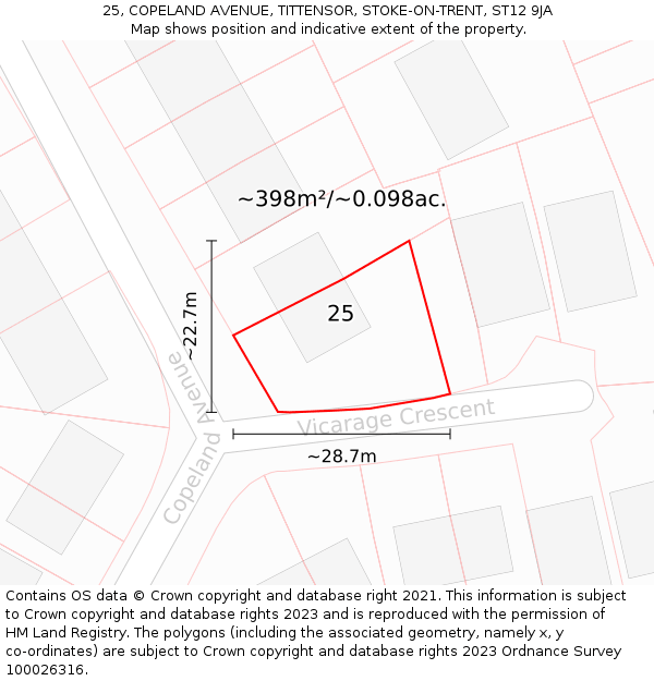25, COPELAND AVENUE, TITTENSOR, STOKE-ON-TRENT, ST12 9JA: Plot and title map