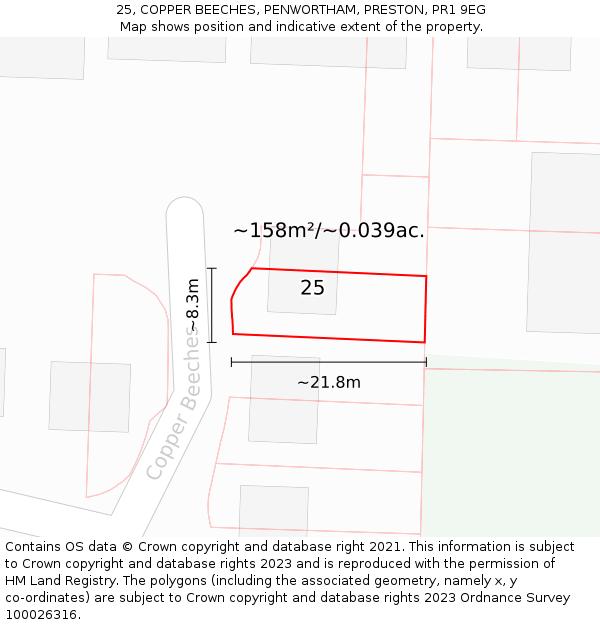 25, COPPER BEECHES, PENWORTHAM, PRESTON, PR1 9EG: Plot and title map