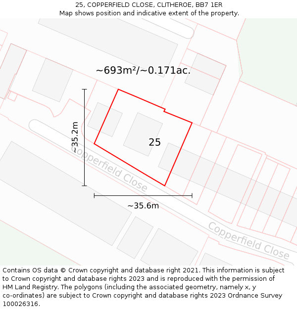 25, COPPERFIELD CLOSE, CLITHEROE, BB7 1ER: Plot and title map