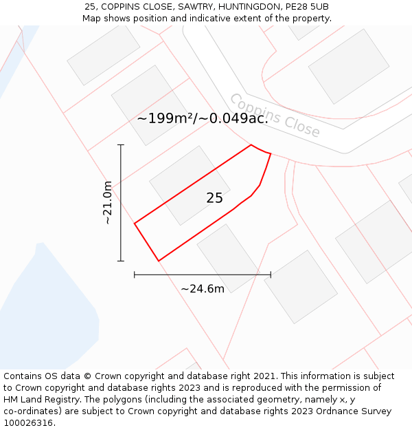 25, COPPINS CLOSE, SAWTRY, HUNTINGDON, PE28 5UB: Plot and title map