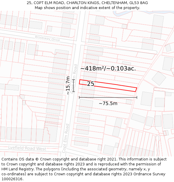 25, COPT ELM ROAD, CHARLTON KINGS, CHELTENHAM, GL53 8AG: Plot and title map