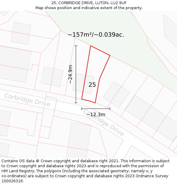 25, CORBRIDGE DRIVE, LUTON, LU2 9UF: Plot and title map