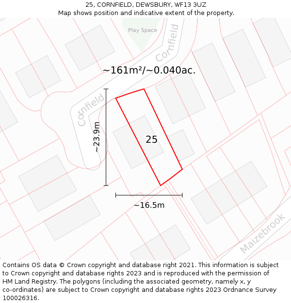 25, CORNFIELD, DEWSBURY, WF13 3UZ: Plot and title map