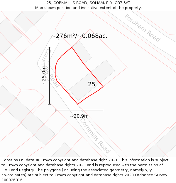 25, CORNMILLS ROAD, SOHAM, ELY, CB7 5AT: Plot and title map