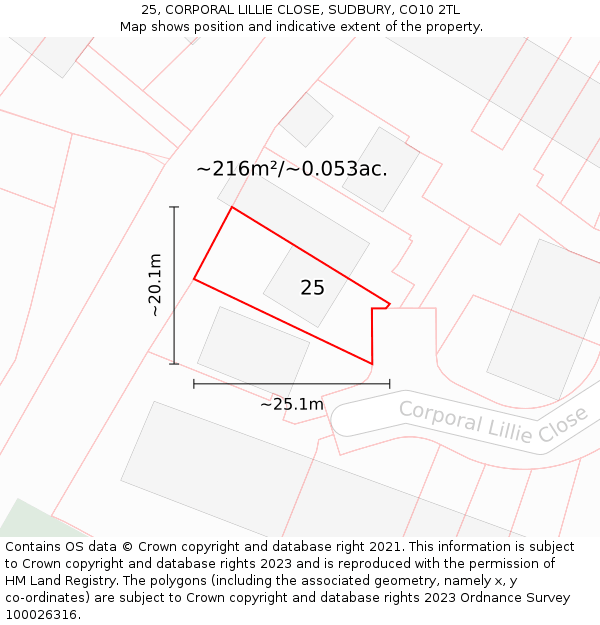 25, CORPORAL LILLIE CLOSE, SUDBURY, CO10 2TL: Plot and title map
