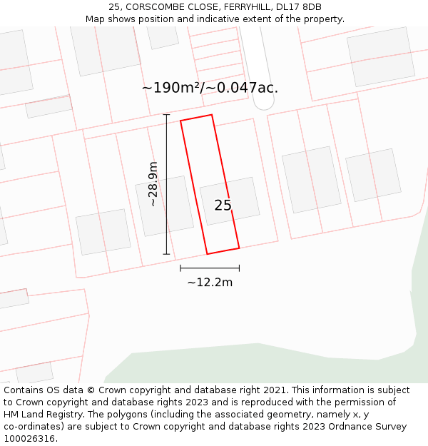 25, CORSCOMBE CLOSE, FERRYHILL, DL17 8DB: Plot and title map