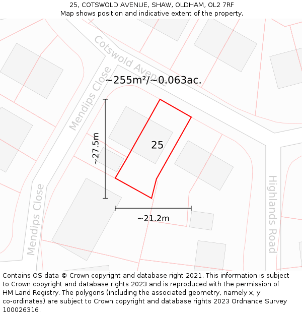 25, COTSWOLD AVENUE, SHAW, OLDHAM, OL2 7RF: Plot and title map