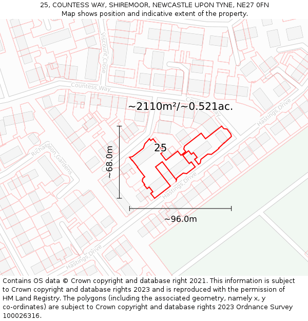 25, COUNTESS WAY, SHIREMOOR, NEWCASTLE UPON TYNE, NE27 0FN: Plot and title map