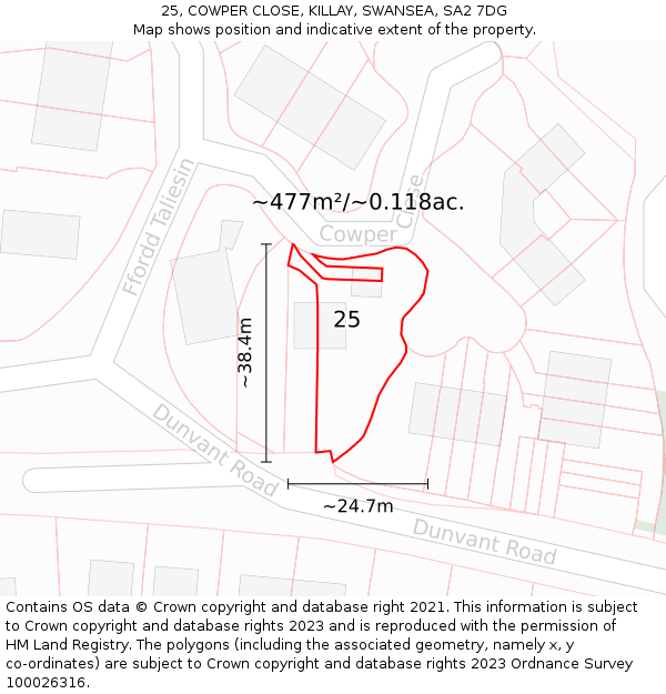 25, COWPER CLOSE, KILLAY, SWANSEA, SA2 7DG: Plot and title map
