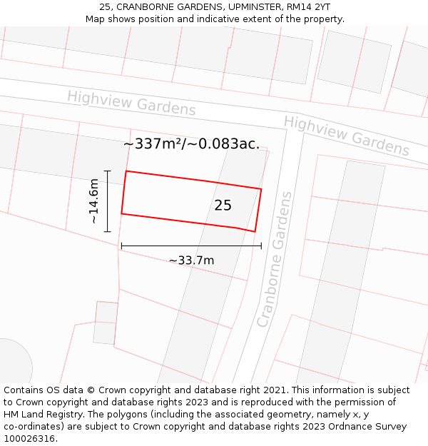 25, CRANBORNE GARDENS, UPMINSTER, RM14 2YT: Plot and title map