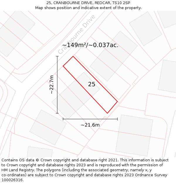 25, CRANBOURNE DRIVE, REDCAR, TS10 2SP: Plot and title map