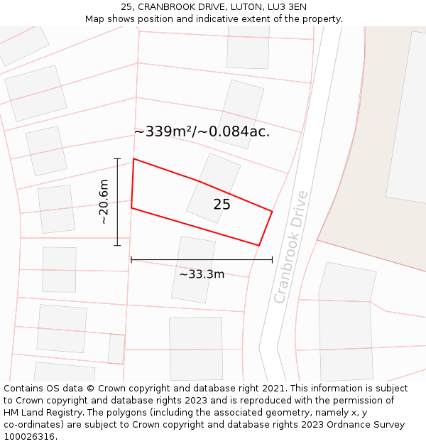 25, CRANBROOK DRIVE, LUTON, LU3 3EN: Plot and title map