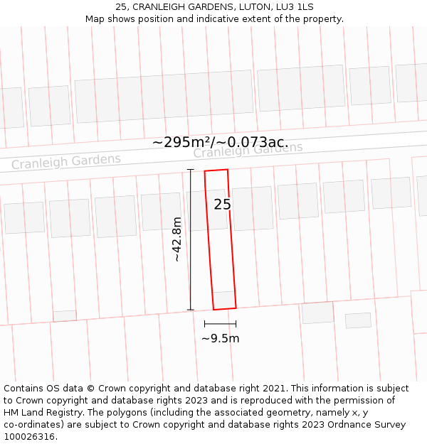 25, CRANLEIGH GARDENS, LUTON, LU3 1LS: Plot and title map