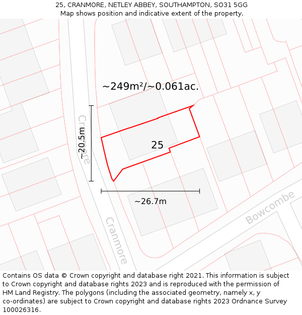 25, CRANMORE, NETLEY ABBEY, SOUTHAMPTON, SO31 5GG: Plot and title map