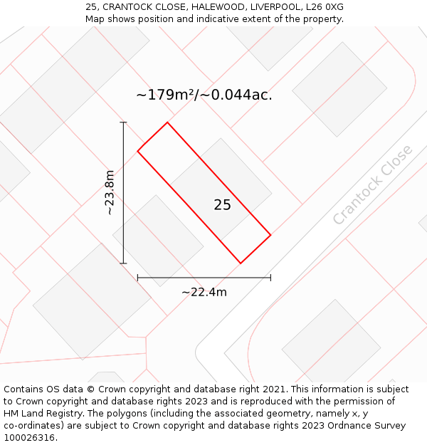 25, CRANTOCK CLOSE, HALEWOOD, LIVERPOOL, L26 0XG: Plot and title map