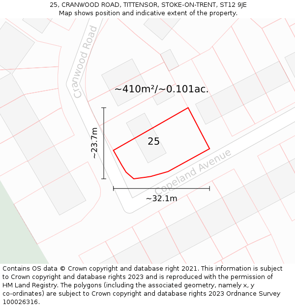 25, CRANWOOD ROAD, TITTENSOR, STOKE-ON-TRENT, ST12 9JE: Plot and title map