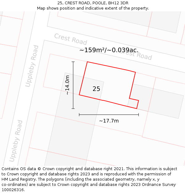 25, CREST ROAD, POOLE, BH12 3DR: Plot and title map