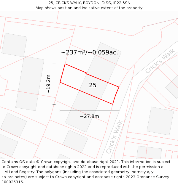 25, CRICKS WALK, ROYDON, DISS, IP22 5SN: Plot and title map