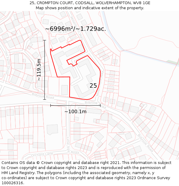 25, CROMPTON COURT, CODSALL, WOLVERHAMPTON, WV8 1GE: Plot and title map