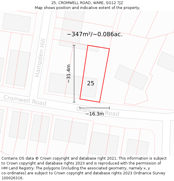 25, CROMWELL ROAD, WARE, SG12 7JZ: Plot and title map