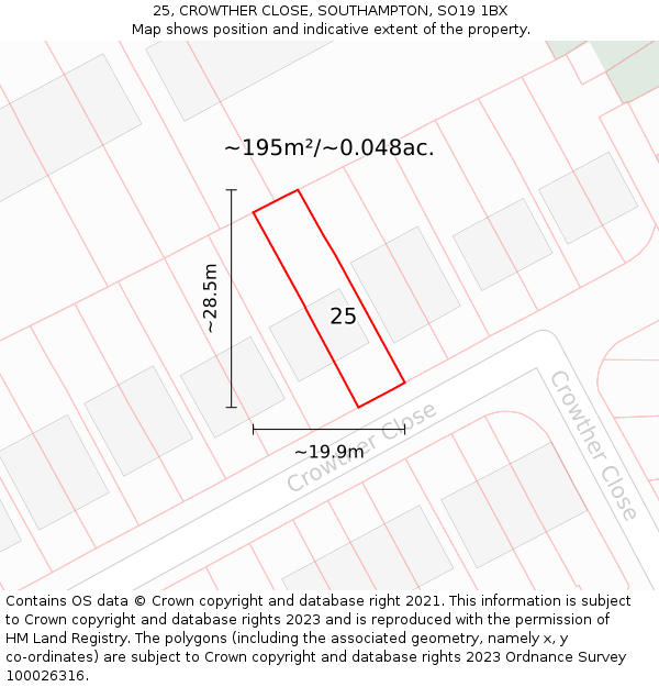 25, CROWTHER CLOSE, SOUTHAMPTON, SO19 1BX: Plot and title map