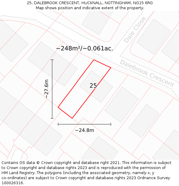 25, DALEBROOK CRESCENT, HUCKNALL, NOTTINGHAM, NG15 6RG: Plot and title map