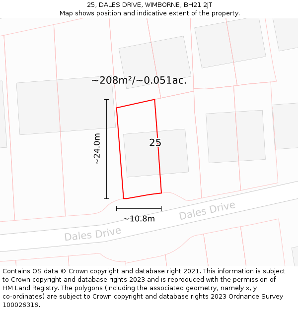 25, DALES DRIVE, WIMBORNE, BH21 2JT: Plot and title map