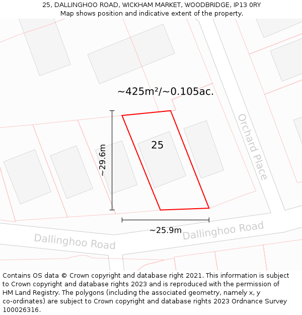 25, DALLINGHOO ROAD, WICKHAM MARKET, WOODBRIDGE, IP13 0RY: Plot and title map