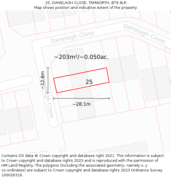 25, DANELAGH CLOSE, TAMWORTH, B79 8LR: Plot and title map