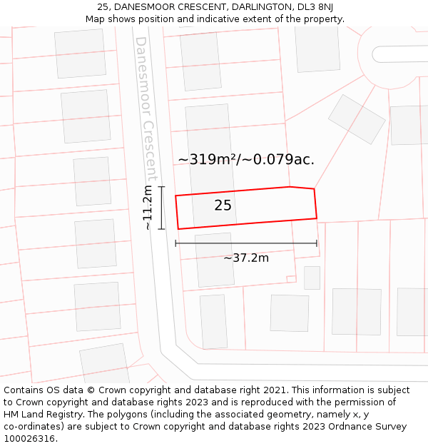 25, DANESMOOR CRESCENT, DARLINGTON, DL3 8NJ: Plot and title map