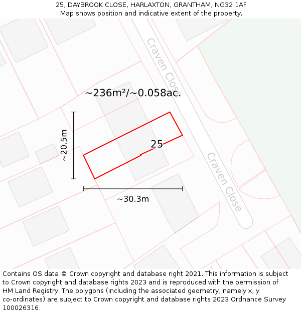 25, DAYBROOK CLOSE, HARLAXTON, GRANTHAM, NG32 1AF: Plot and title map