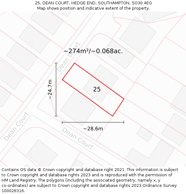 25, DEAN COURT, HEDGE END, SOUTHAMPTON, SO30 4EG: Plot and title map