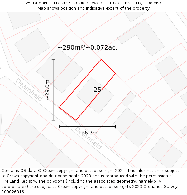 25, DEARN FIELD, UPPER CUMBERWORTH, HUDDERSFIELD, HD8 8NX: Plot and title map