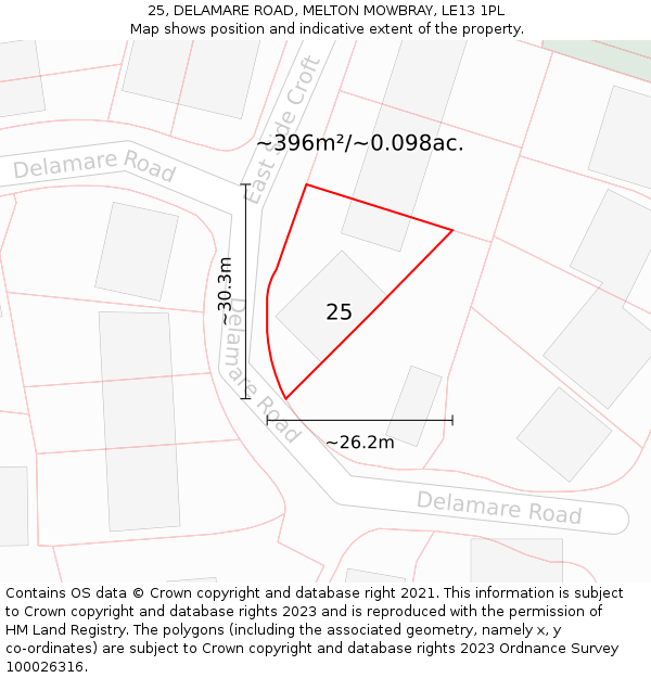 25, DELAMARE ROAD, MELTON MOWBRAY, LE13 1PL: Plot and title map
