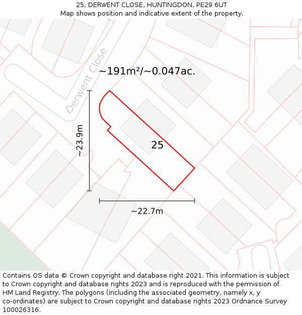 25, DERWENT CLOSE, HUNTINGDON, PE29 6UT: Plot and title map