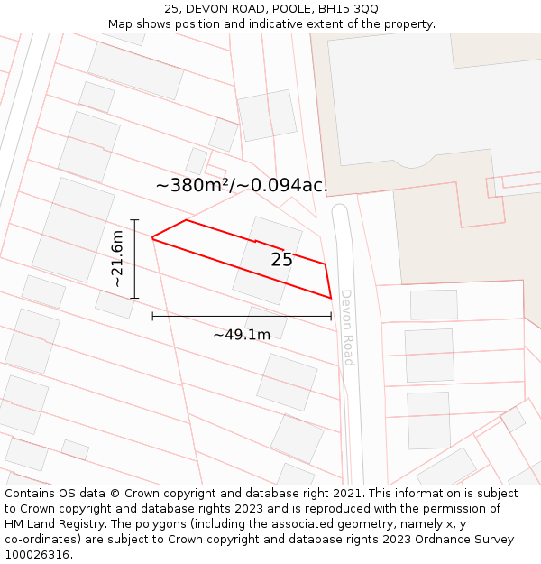 25, DEVON ROAD, POOLE, BH15 3QQ: Plot and title map
